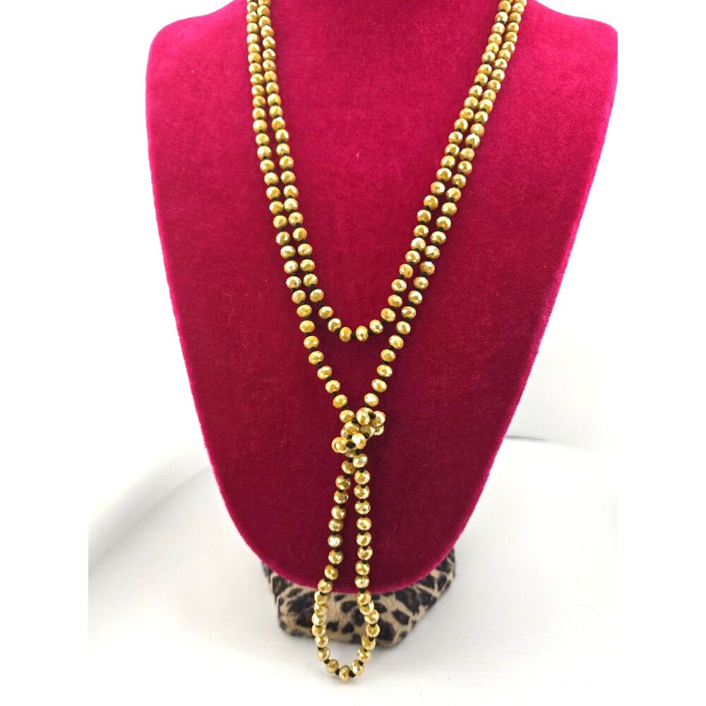 Flapper 60" Glass Bead Necklace Hand Knotted Opaque Metallic Rondells Boho Chic